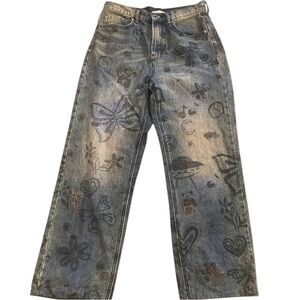 BDG Women’s Blue Doodle Butterfly Hearts Cowboy Denim Boho Hippie size 30x27